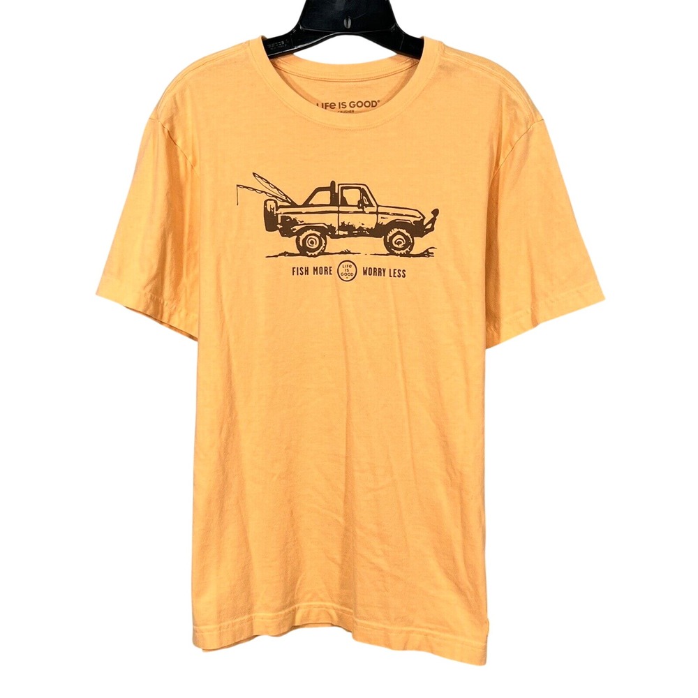 LIFE IS GOOD Men's PEACH Jersey Knit FISH MORE-WORRY LESS Crusher Tee T-SHIRT M